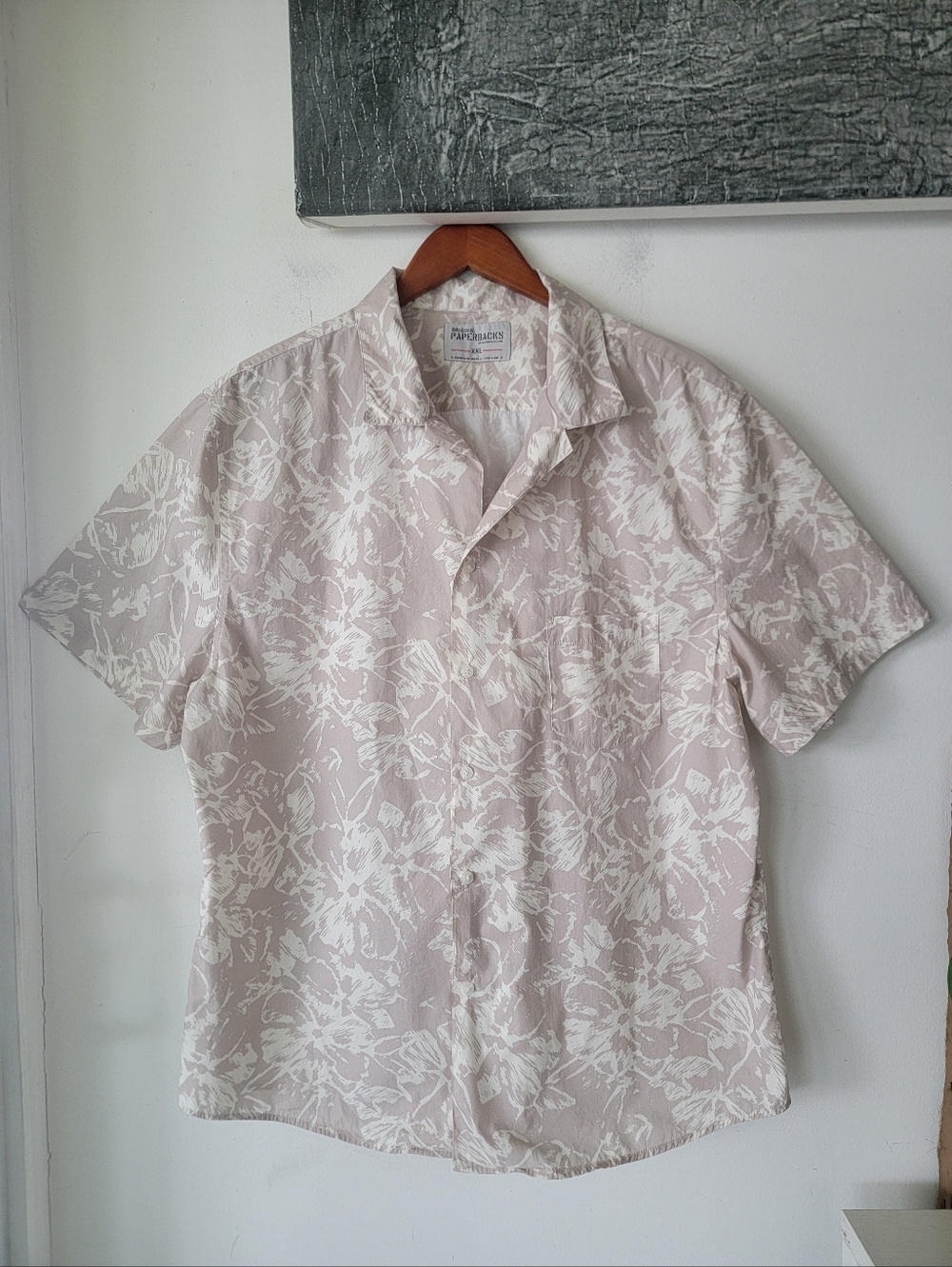 Paperback White & Tan Floral Short-Sleeve Shirt Size XXL